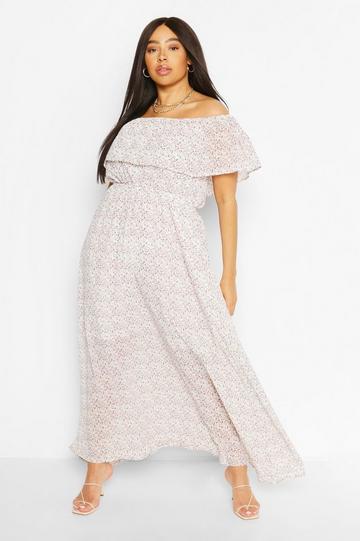 Plus Floral Ruffle Off The Shoulder Maxi Dress ivory
