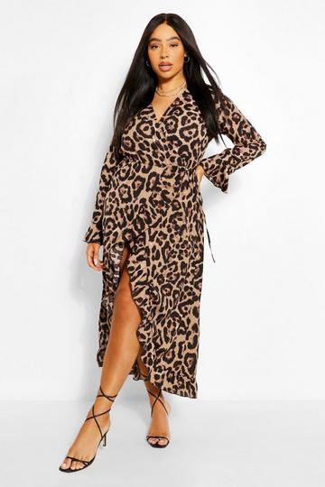 Plus Leopard Ruffle Wrap Midi Dress brown