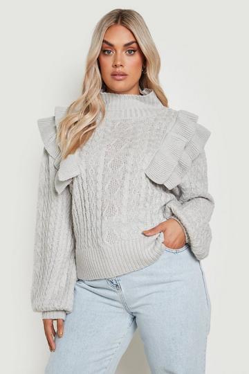 Plus Ruffle Cable Knit Jumper grey