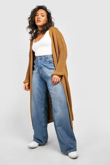 Brown Plus Cocoon Oversized Rib Knit Cardigan
