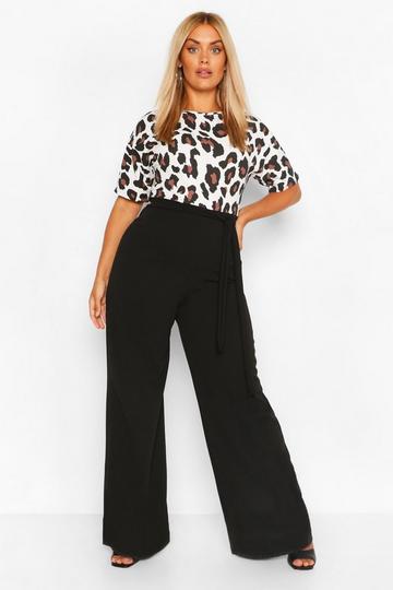 Plus Leopard Contrast Belted Jumpsuit black