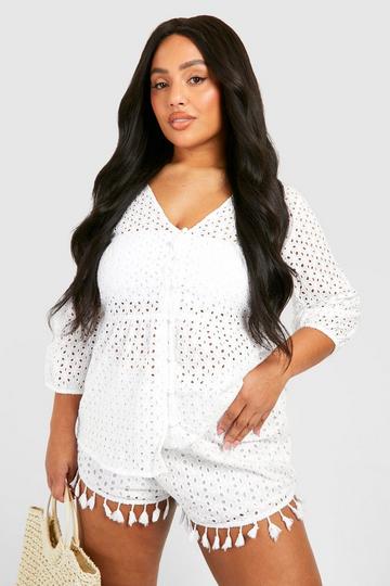 Plus Broderie Puff Sleeve Smock Top white