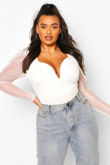 Plus Dobby Mesh Sleeve Plunge Bodysuit ivory