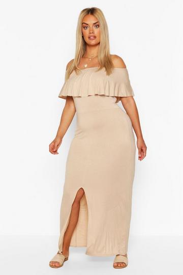 Plus Off The Shoulder Ruffle Jersey Maxi Dress stone