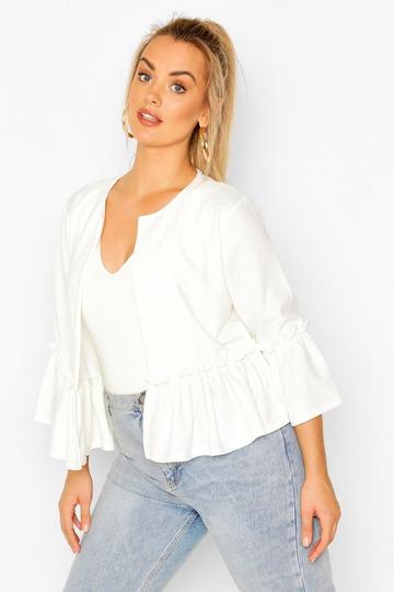 White Plus Ruffle Collarless Blazer