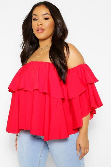 Red Plus Off The Shoulder Ruffle Peplum Top