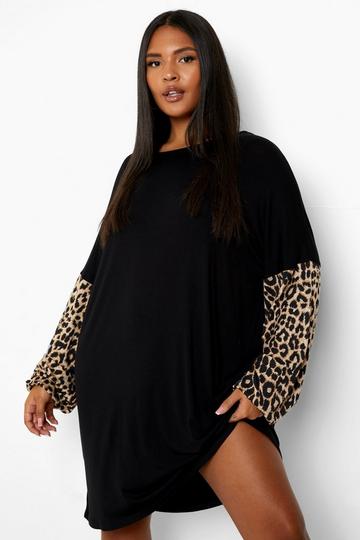 Multi Plus Leopard Sleeve T-Shirt Dress