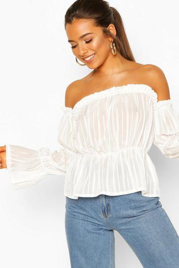 Petite Satin Stripe Puff Sleeve Off The Shoulder Top white