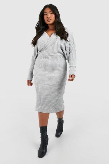 Plus Wrap Knitted Midi Dress grey