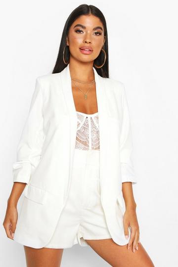 White Petite Ruched Sleeve Blazer