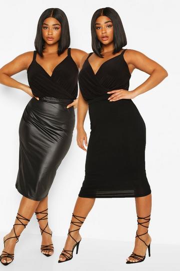 Plus 2 Pack Leather Look and Jersey Midi Skirt black