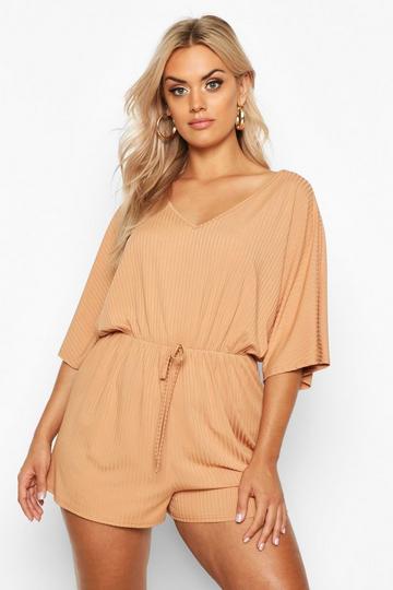 Plus Wide Rib V Neck Playsuit camel