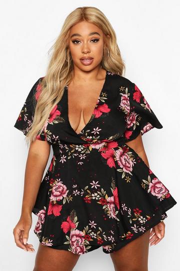 Plus Dark Floral Skort Romper black