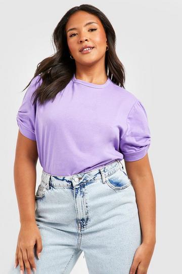 Lilac Purple Plus Ruched Knot Puff Sleeve T-Shirt