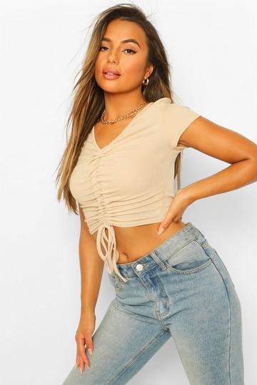 Petite Ribbed Ruched Detail Top stone