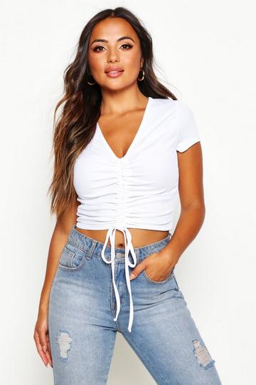 Petite Ribbed Ruched Detail Top white