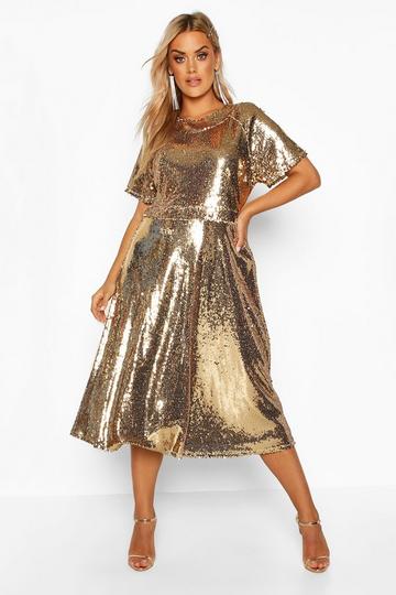 Gold Metallic Plus Sequin Midi Smock Dress