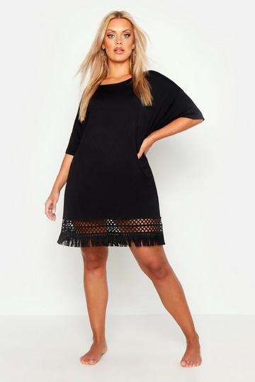 Plus Crochet Tassel Hem Beach Dress black