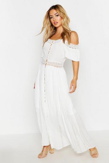 Ivory White Petite Lace Off The Shoulder Cheesecloth Button Maxi Dress