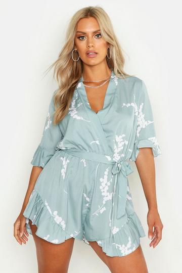 Plus Abstract Floral Print Ruffle Tie Romper sage