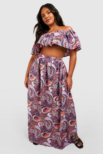 Plus Paisley Ruffle Off The Shoulder Top And Maxi Skirt purple