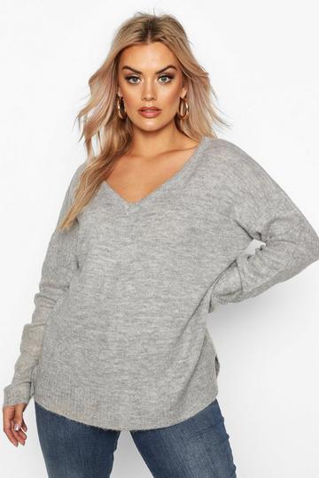 Plus Jumper With V Neck Detail Front And Back grey