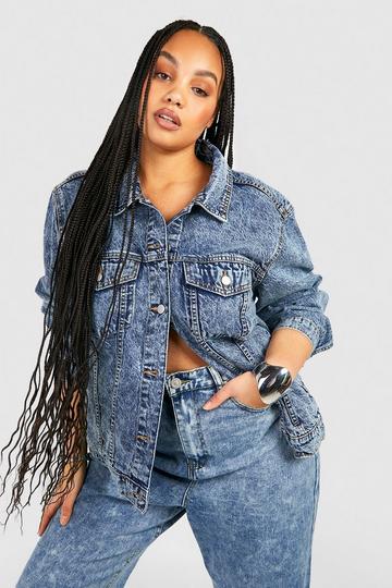 Plus Acid Wash Boyfriend Denim Jacket acid wash dark blue