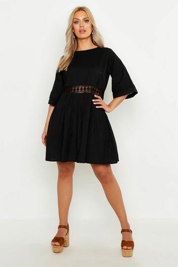 Plus Crochet Lace Linen Smock Dress black