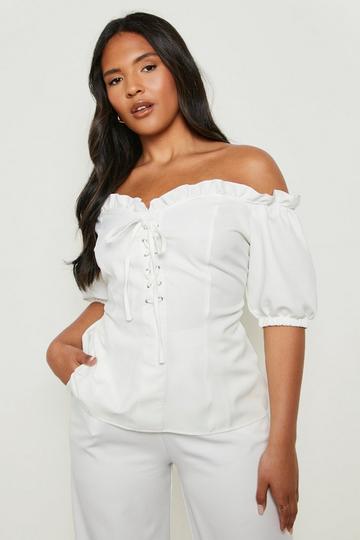 Plus Lace Up Sweetheart Neckline Off Shoulder Top white