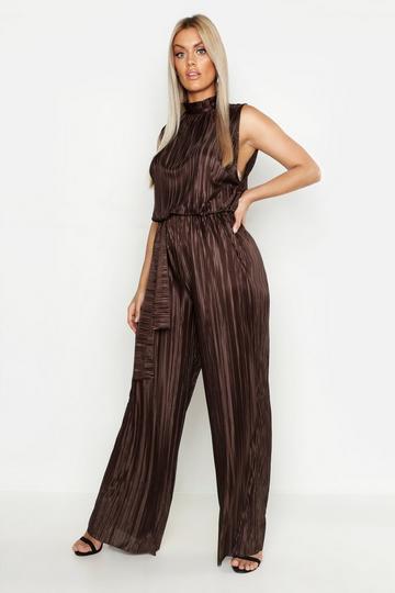 Plus High Neck Plisse Jumpsuit chocolate