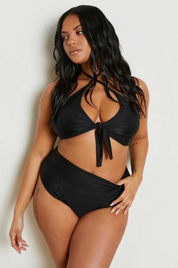 Noir Grande taille - Bikini froncé à attaches avec bas taille haute