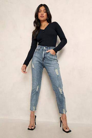 Petite Distressed Hem Straight Leg Jeans light blue