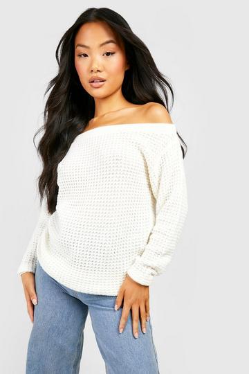 Cream White Petite Waffle Knit Off The Shoulder Sweater