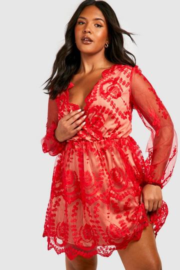 Plus Lace Plunge Skater Dress red