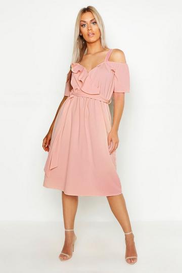 Blush Pink Plus Plunge Ruffle Belt Midi Dress