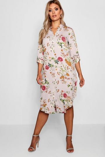 Plus Floral Printed Shirt Dress grey