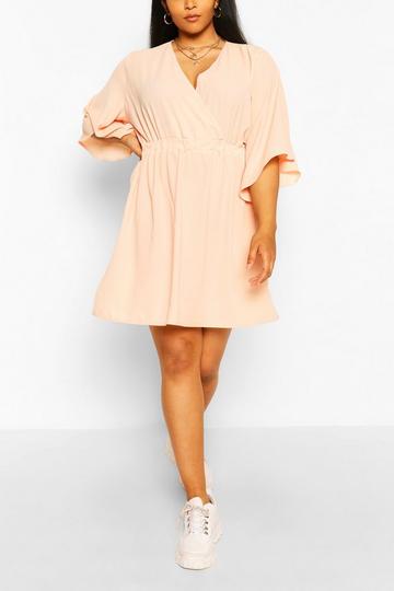 Blush Pink Plus Kimono Sleeve Woven Skater Dress