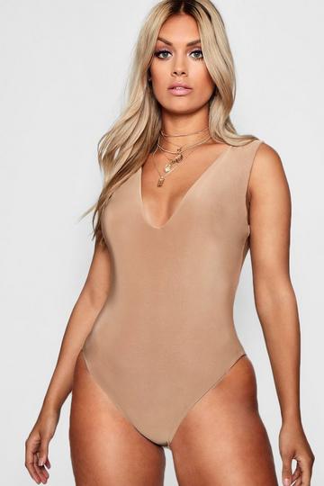 Plus Plunge Neck Double Layer Bodysuit caramel