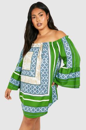 Women's Plus Boho Aztec Ruffle Smock Dress