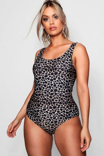 Plus Animal Print Scoop Back Swimsuit tan
