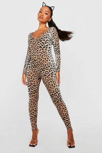 Leopard Print Skinny Camisole Jumpsuit Women Mesh Flocking Low