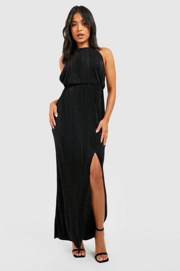 Black Petite Plisse Pleated Thigh Split Maxi Dress