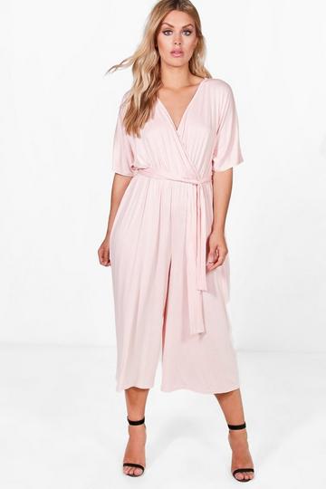 Blush Pink Plus Jersey Knit Kimono Sleeve Wrap Jumpsuit
