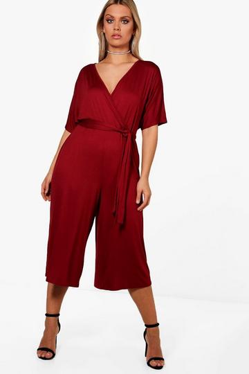 Plus Jersey Knit Kimono Sleeve Wrap Jumpsuit cranberry