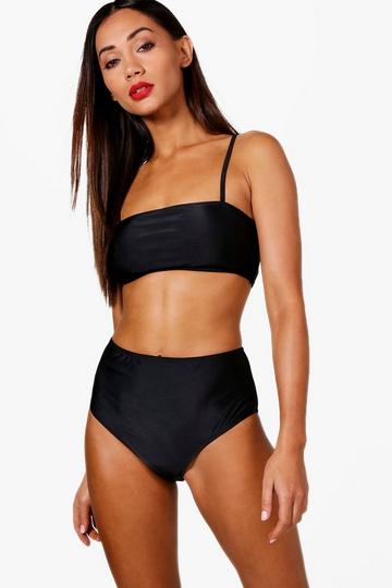 Petite Bandeau Strappy High Waisted Bikini black
