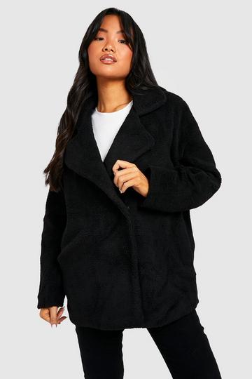 Petite Double Breasted Teddy Coat black