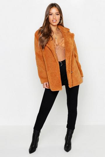 Tan Brown Petite Double Breasted Teddy Coat