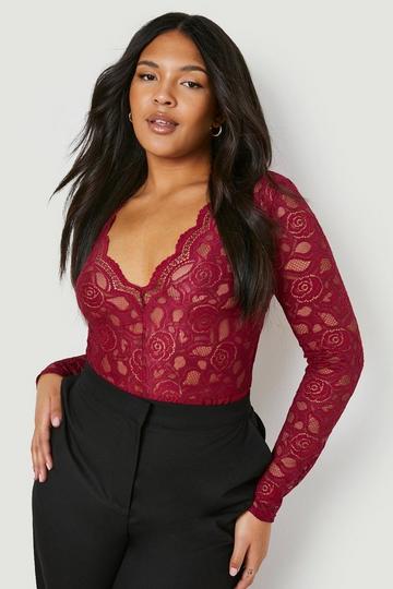 Plus Plunge V Neck Lace Bodysuit wine