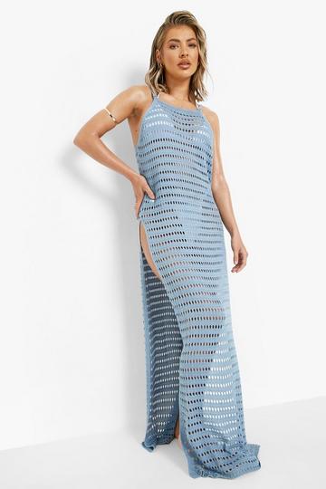 Blue Crochet Split Sides Beach Maxi Dress