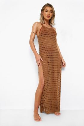 2024 Sexy Berry Beachy Nude Tan Crochet Halter Neck Mini Dress